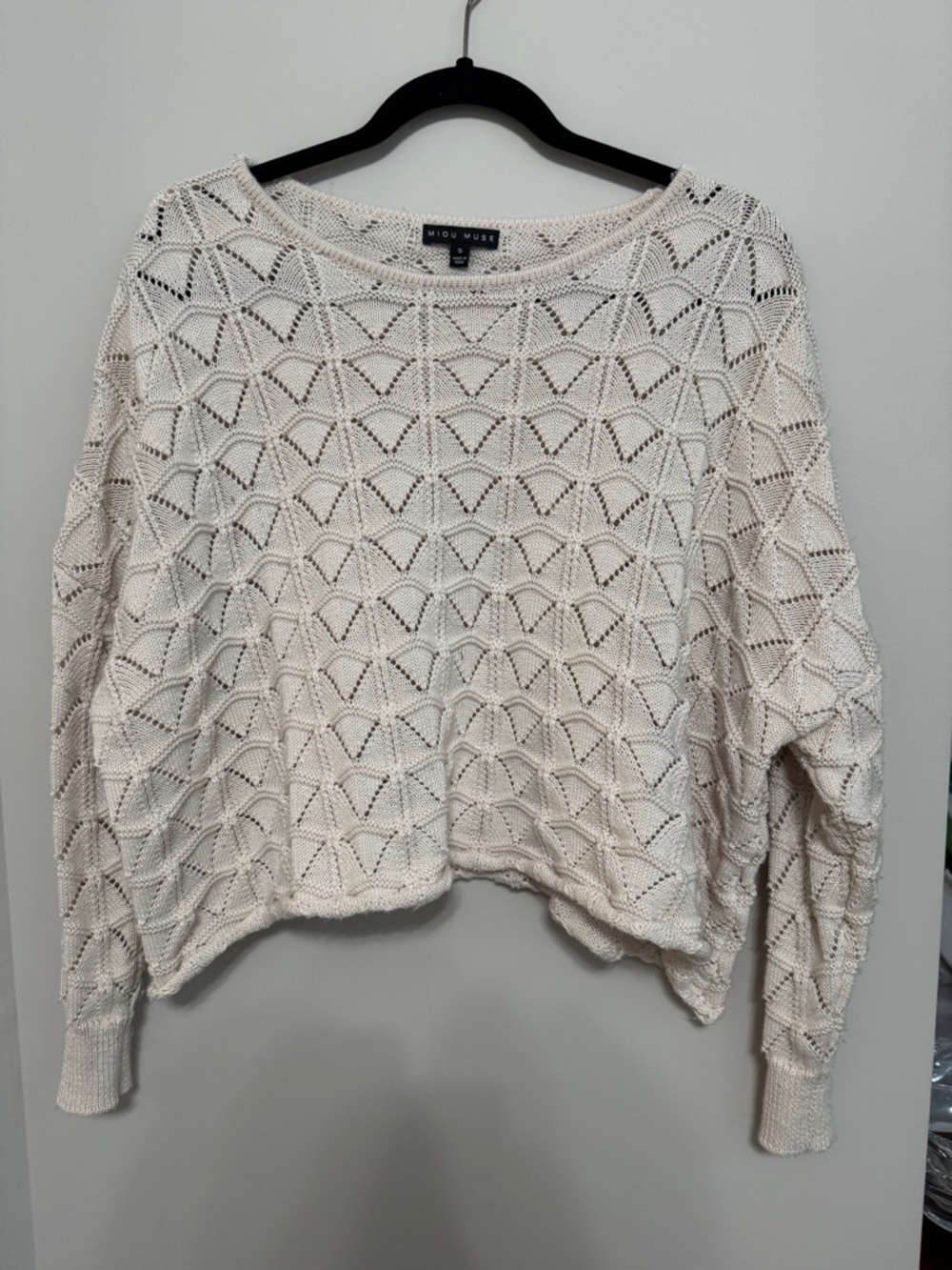 MIOU MUSE Woven Open-Stitch Scoop Neck Sweater - Cream, Size S